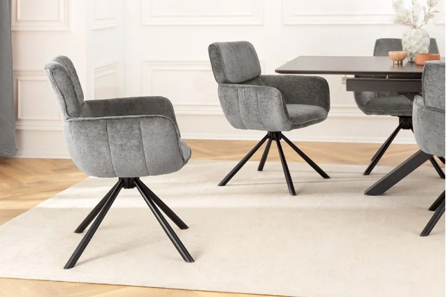Chaise de salle à manger rétro pivotante UNIQUE – Chenille grise & piètement métal noir avec accoudoirs