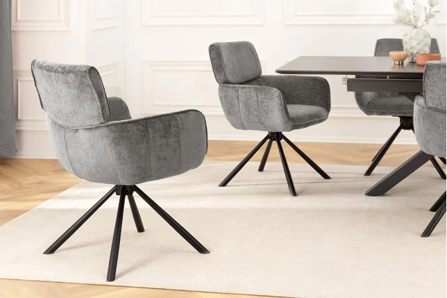 Chaise de salle à manger rétro pivotante UNIQUE – Chenille grise & piètement métal noir avec accoudoirs