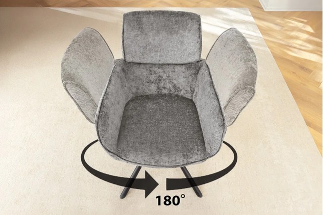 Chaise de salle à manger rétro pivotante UNIQUE – Chenille grise & piètement métal noir avec accoudoirs