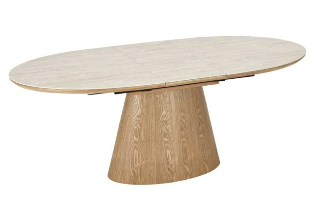 Table à manger extensible UNIQUE 160–200 cm – Plateau en céramique travertin & pied colonne en chêne naturel