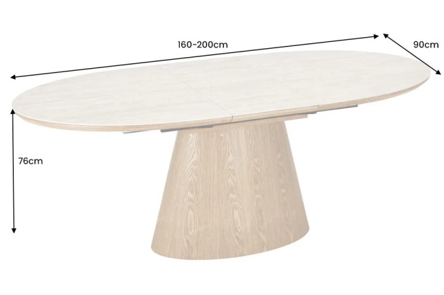 Table à manger extensible UNIQUE 160–200 cm – Plateau en céramique travertin & pied colonne en chêne naturel
