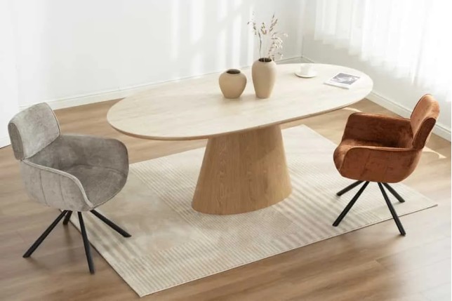 Table à manger extensible UNIQUE 160–200 cm – Plateau en céramique travertin & pied colonne en chêne naturel