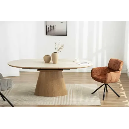 Table à manger extensible UNIQUE 160–200 cm – Plateau en céramique travertin & pied colonne en chêne naturel 2