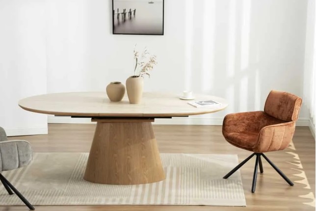 Table à manger extensible UNIQUE 160–200 cm – Plateau en céramique travertin & pied colonne en chêne naturel