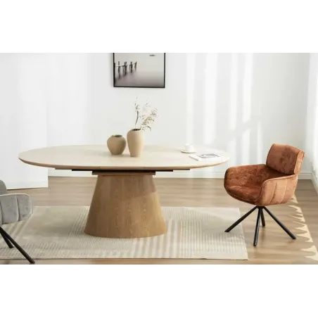 Table à manger extensible UNIQUE 160–200 cm – Plateau en céramique travertin & pied colonne en chêne naturel