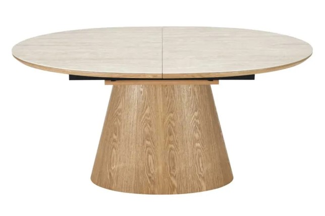 Table à manger extensible UNIQUE 160–200 cm – Plateau en céramique travertin & pied colonne en chêne naturel