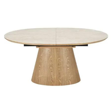 Table à manger extensible UNIQUE 160–200 cm – Plateau en céramique travertin & pied colonne en chêne naturel