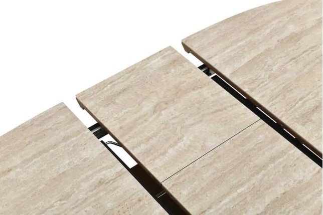 Table à manger extensible UNIQUE 160–200 cm – Plateau en céramique travertin & pied colonne en chêne naturel