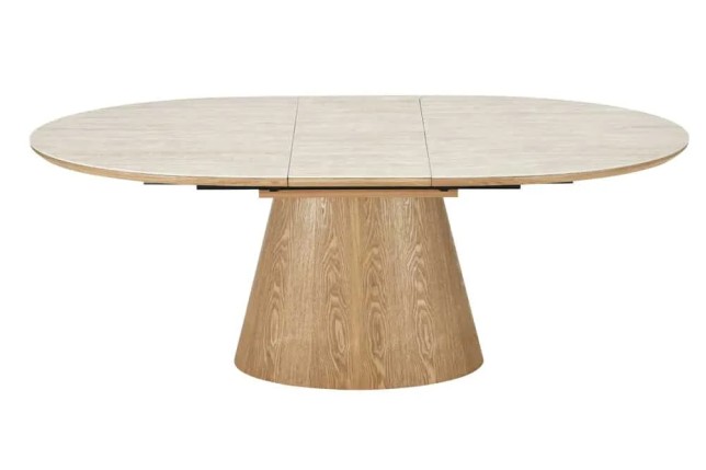 Table à manger extensible UNIQUE 160–200 cm – Plateau en céramique travertin & pied colonne en chêne naturel