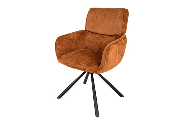 Chaise rétro pivotante UNIQUE – Revêtement chenille rouille/brun & pieds métal noir avec accoudoirs