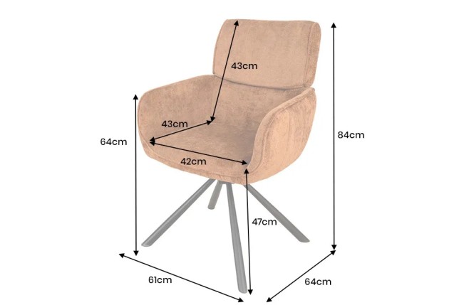 Chaise rétro pivotante UNIQUE – Revêtement chenille rouille/brun & pieds métal noir avec accoudoirs
