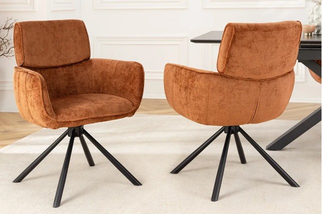 Chaise rétro pivotante UNIQUE – Revêtement chenille rouille/brun & pieds métal noir avec accoudoirs