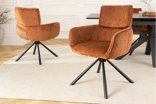 Chaise rétro pivotante UNIQUE – Revêtement chenille rouille/brun & pieds métal noir avec accoudoirs