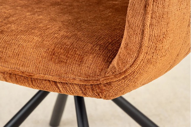 Chaise rétro pivotante UNIQUE – Revêtement chenille rouille/brun & pieds métal noir avec accoudoirs