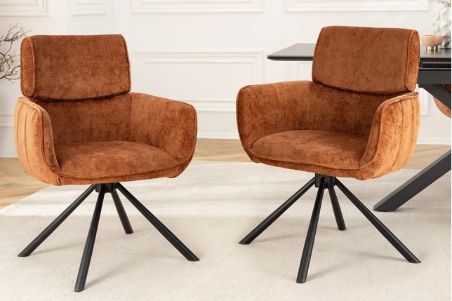 Chaise rétro pivotante UNIQUE – Revêtement chenille rouille/brun & pieds métal noir avec accoudoirs