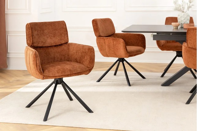 Chaise rétro pivotante UNIQUE – Revêtement chenille rouille/brun & pieds métal noir avec accoudoirs