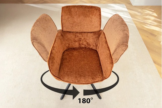 Chaise rétro pivotante UNIQUE – Revêtement chenille rouille/brun & pieds métal noir avec accoudoirs