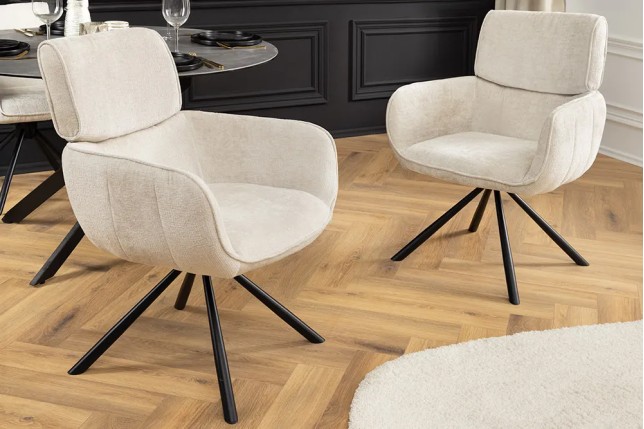 Chaise rétro pivotante UNIQUE – Revêtement chenille champagne beige & pieds métal noir avec accoudoirs