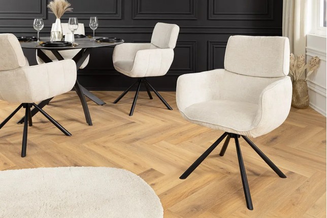 Chaise rétro pivotante UNIQUE – Revêtement chenille champagne beige & pieds métal noir avec accoudoirs