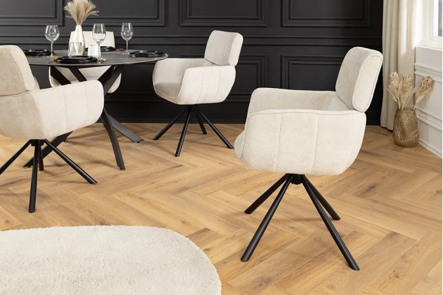Chaise rétro pivotante UNIQUE – Revêtement chenille champagne beige & pieds métal noir avec accoudoirs