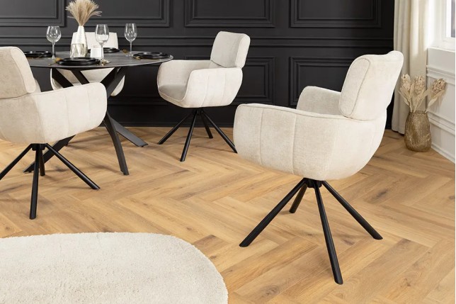 Chaise rétro pivotante UNIQUE – Revêtement chenille champagne beige & pieds métal noir avec accoudoirs
