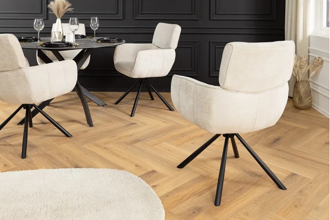 Chaise rétro pivotante UNIQUE – Revêtement chenille champagne beige & pieds métal noir avec accoudoirs