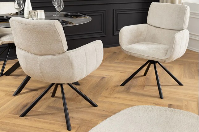 Chaise rétro pivotante UNIQUE – Revêtement chenille champagne beige & pieds métal noir avec accoudoirs