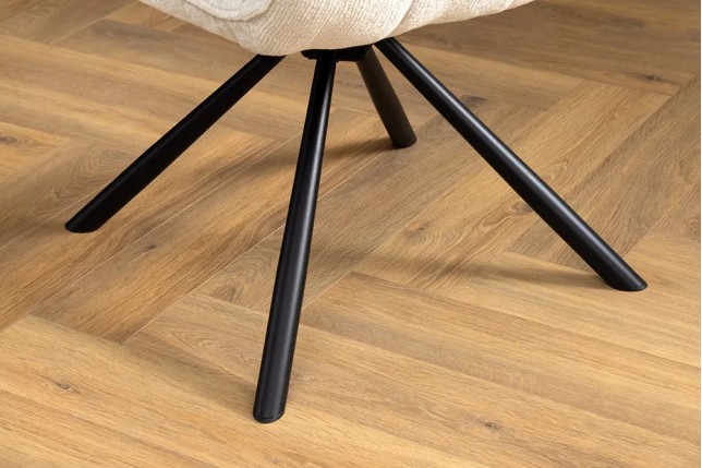 Chaise rétro pivotante UNIQUE – Revêtement chenille champagne beige & pieds métal noir avec accoudoirs