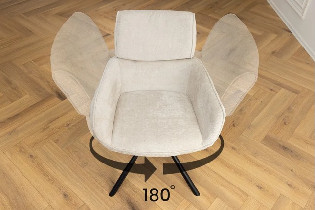 Chaise rétro pivotante UNIQUE – Revêtement chenille champagne beige & pieds métal noir avec accoudoirs