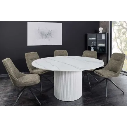 Table ronde en céramique blanche UNIQUE 120 cm – Design marbre & pied colonne élégant