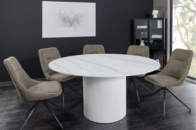 Table ronde en céramique blanche UNIQUE 120 cm – Design marbre & pied colonne élégant