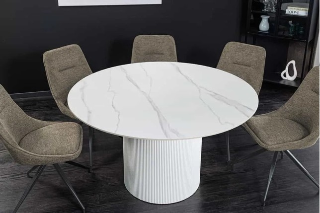 Table ronde en céramique blanche UNIQUE 120 cm – Design marbre & pied colonne élégant