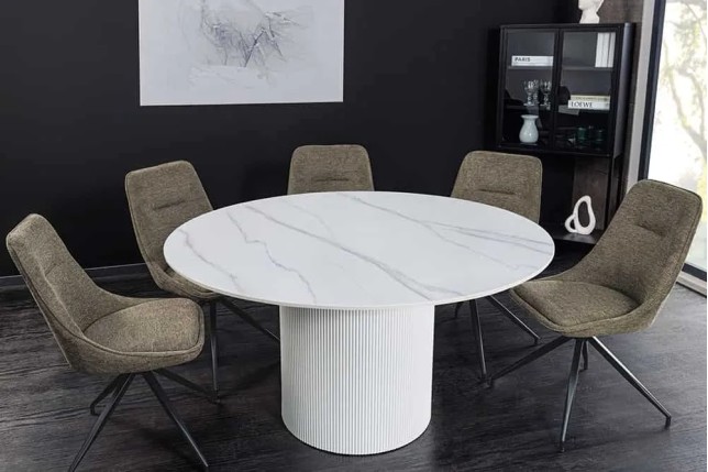 Table ronde en céramique blanche UNIQUE 120 cm – Design marbre & pied colonne élégant