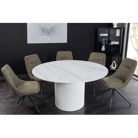 Table ronde en céramique blanche UNIQUE 120 cm – Design marbre & pied colonne élégant