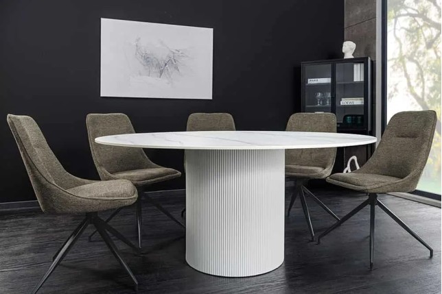 Table ronde en céramique blanche UNIQUE 120 cm – Design marbre & pied colonne élégant
