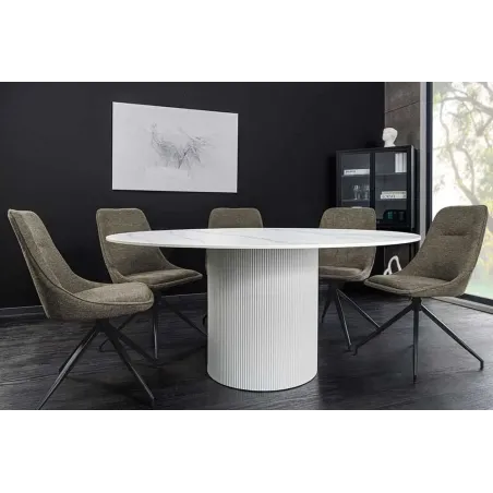 Table ronde en céramique blanche UNIQUE 120 cm – Design marbre & pied colonne élégant