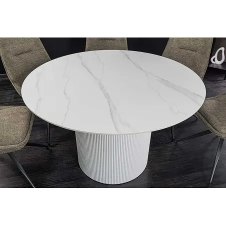 Table ronde en céramique blanche UNIQUE 120 cm – Design marbre & pied colonne élégant