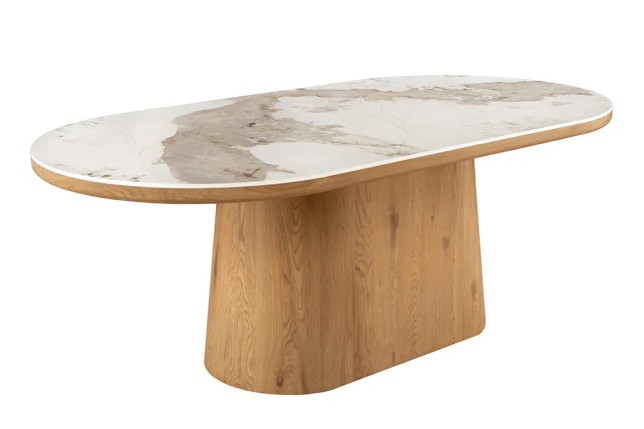 Table ovale en céramique blanche 200 cm – Design marbre & pied colonne en chêne