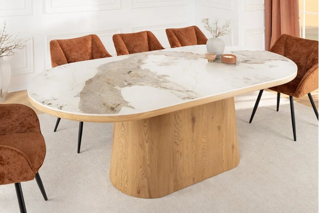 Table ovale en céramique blanche 200 cm – Design marbre & pied colonne en chêne