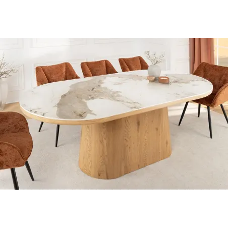 Table ovale en céramique blanche 200 cm – Design marbre & pied colonne en chêne