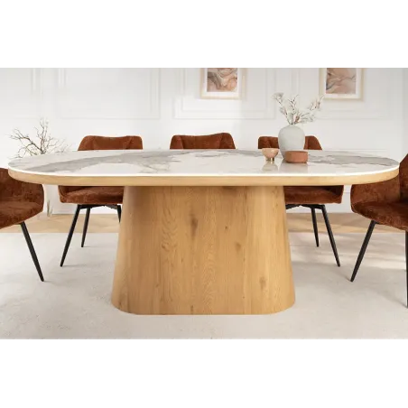 Table ovale en céramique blanche 200 cm – Design marbre & pied colonne en chêne