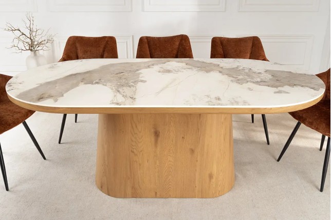 Table ovale en céramique blanche 200 cm – Design marbre & pied colonne en chêne