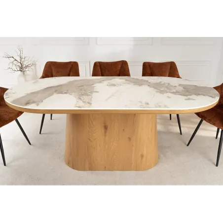 Table ovale en céramique blanche 200 cm – Design marbre & pied colonne en chêne