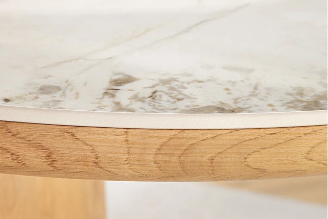 Table ovale en céramique blanche 200 cm – Design marbre & pied colonne en chêne