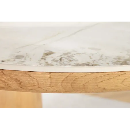 Table ovale en céramique blanche 200 cm – Design marbre & pied colonne en chêne