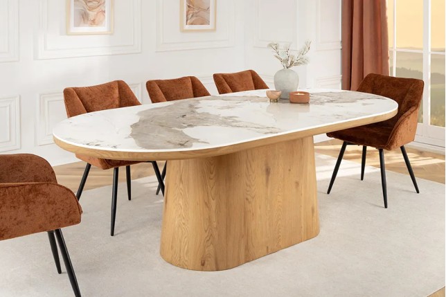 Table ovale en céramique blanche 200 cm – Design marbre & pied colonne en chêne