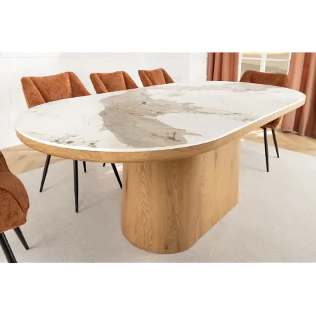 Table ovale en céramique blanche 200 cm – Design marbre & pied colonne en chêne