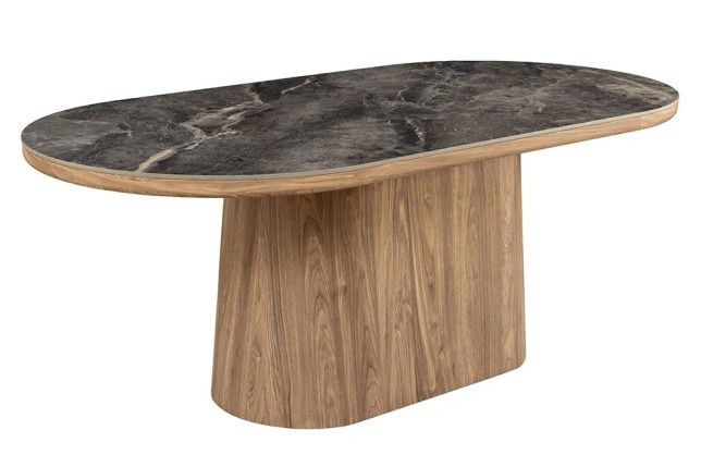 Table ovale en céramique grise 200 cm – Design marbre & pied colonne en noyer