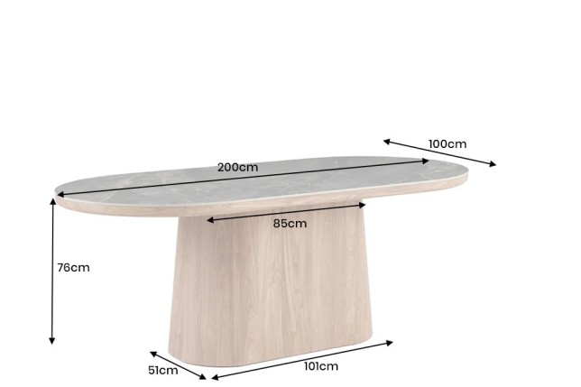 Table ovale en céramique grise 200 cm – Design marbre & pied colonne en noyer