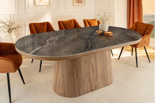 Table ovale en céramique grise 200 cm – Design marbre & pied colonne en noyer